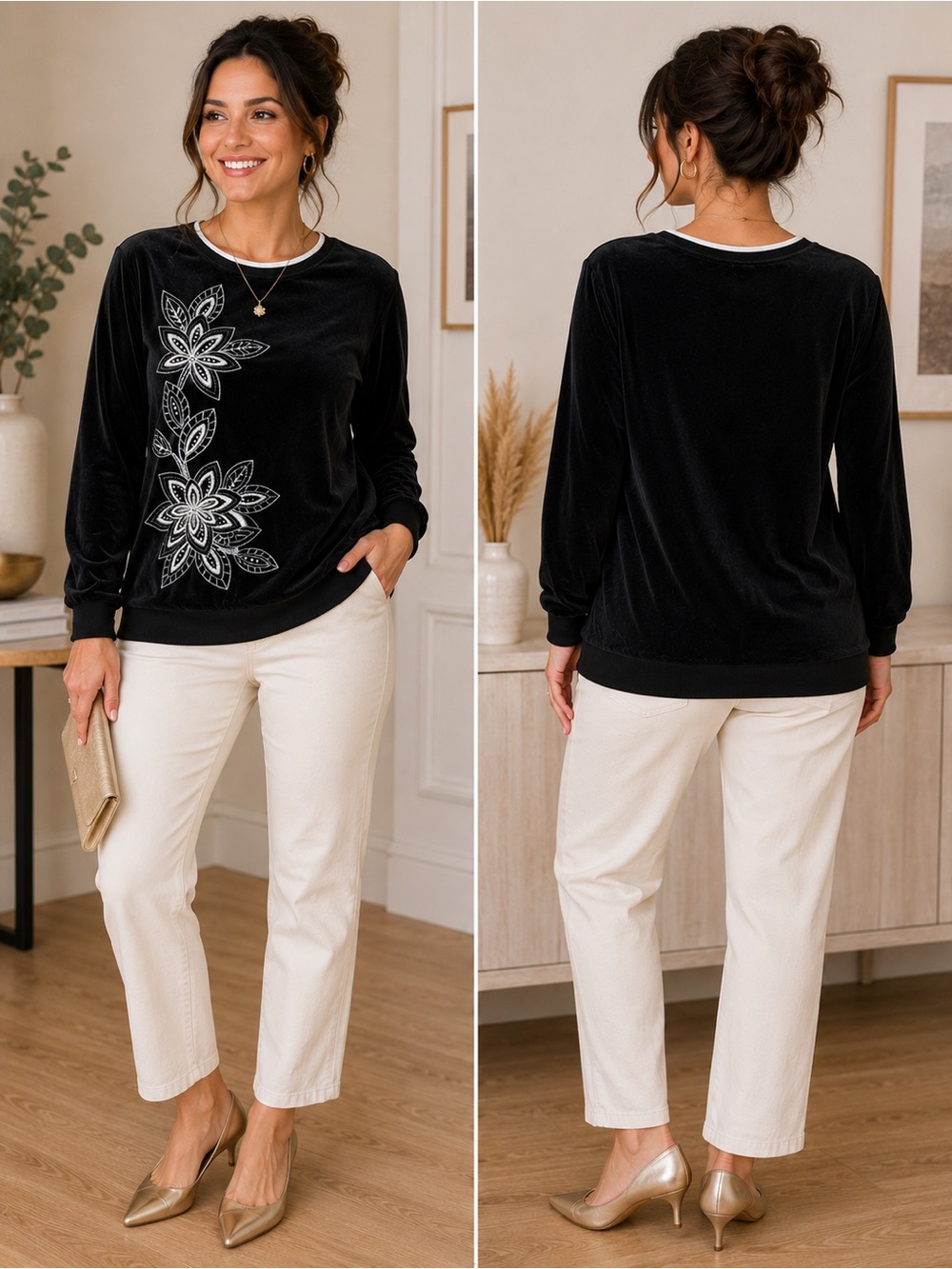 Alfred Dunner Black Sweater Top with White Neck Trim